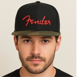 NWT Fender Black Hat Red Logo Camouflage Brim Flatbill SnapBack Hat, One Size